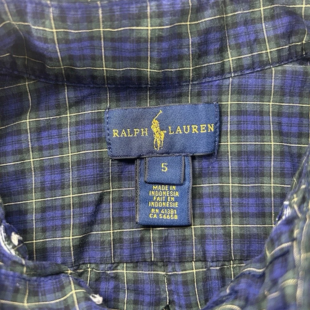 Ralph Lauren Boys 5 Navy Blue Tartan Button Down Christmas‎ Holiday Cotton
